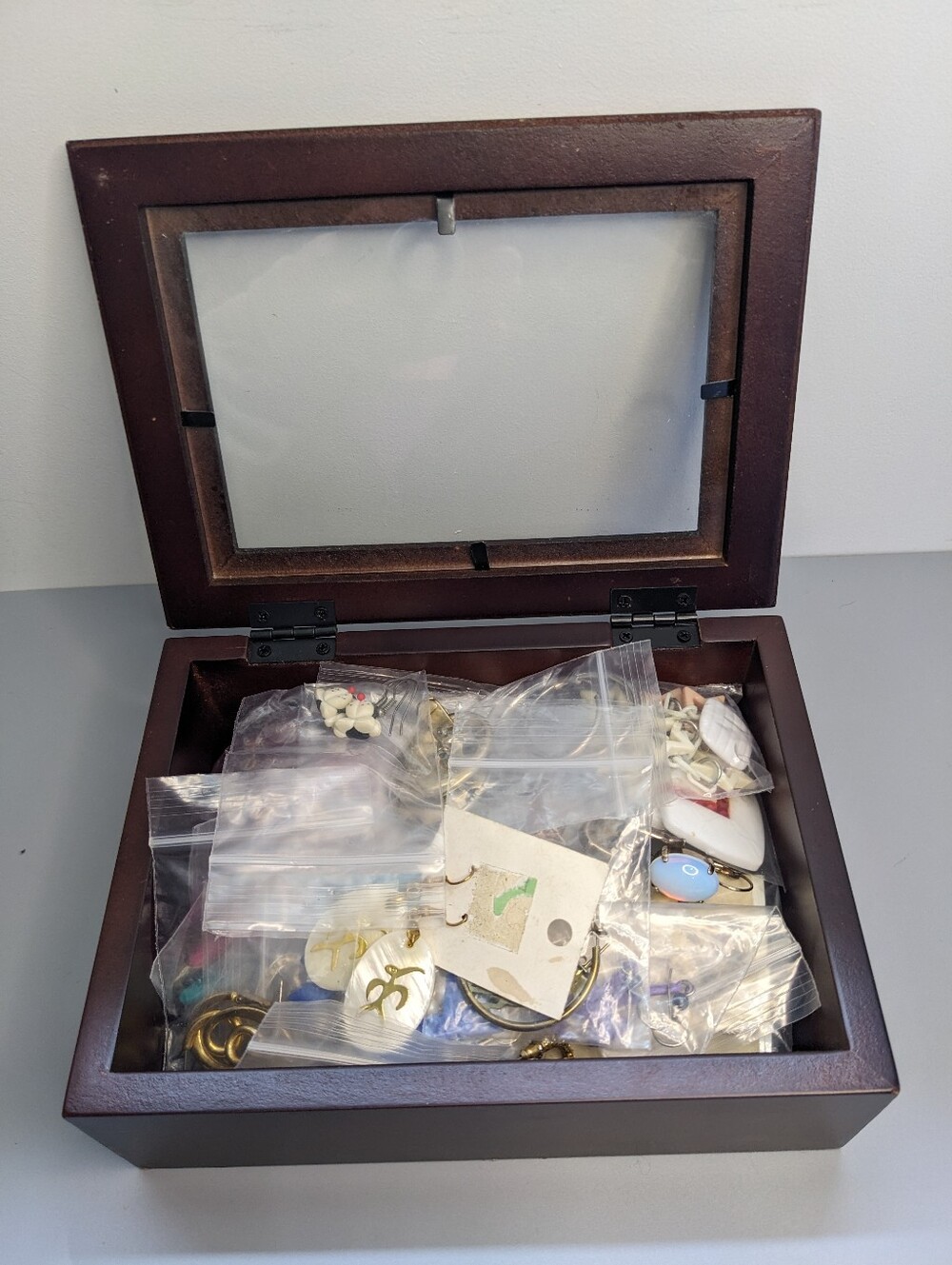 Mystery Wooden Glass Box With Thirty Six Pairs Of Vintage Earrings Assorted